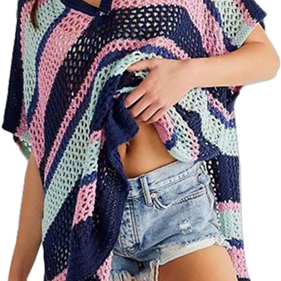 Fun Collared Open Crochet  Coverup Stripe Tunic OSFM - Picture 5 of 7